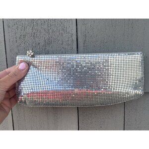 Vintage1970/80s Neiman Marcus mirrored silver chainmail clutch rhinestones glam